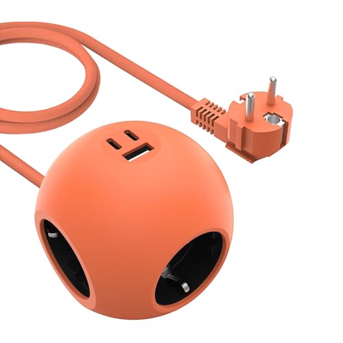 Regleta Enchufes esféricos, Enchufe Multiple con 3 Tomas Corrientes y 3 Rápida USB(1 USB A, 2 USB C PD 25W), 4000W/16 A, Alargador Enchufe con Cable de 1,5 m para Oficina, hogar y Viaje