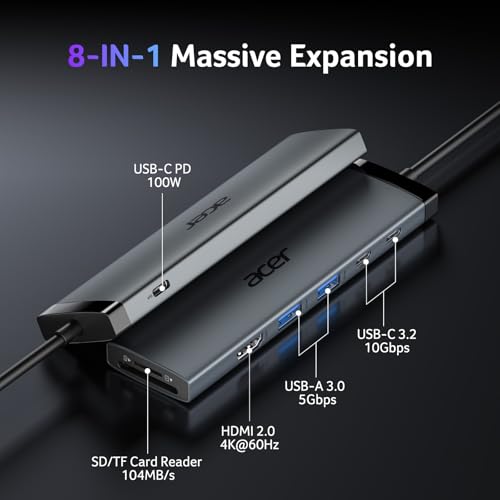 Image of Acer 8 in 1 USB C Hub 10Gbps, USBC to HDMI Adapter 4K@60Hz for Laptop /Mac | Type C Multiport Splitter with 2xUSB C 3.2 & 2xUSB A 3.0 Data Transfer, 100W Max PD Port, SD /TF Card Reader, 0.65ft