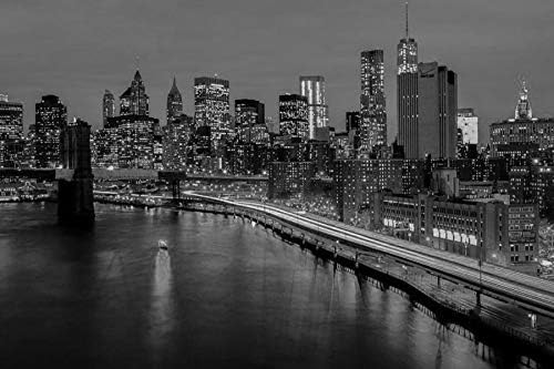 黒と白 アート印刷 キャンバス壁紙 ニューヨーク 夜 住宅 高層ビル ライト 川 橋 部屋飾り背景絵画 キャンバス写真 壁紙ポスター はがせるシール式 写真 絵画 壁飾り 60cmx40cm