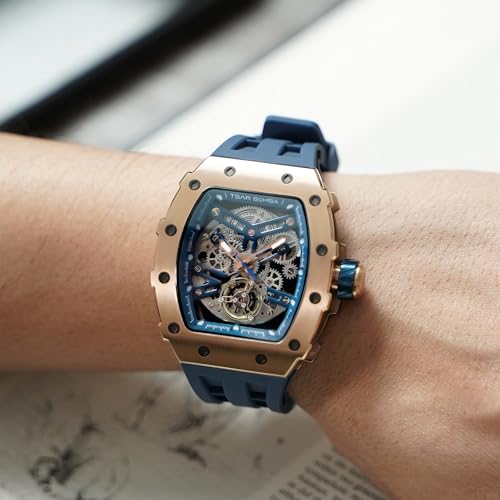 Image of TSAR BOMBA Men's Automatic Watch Tonneau Luxury Skeleton Watches for Men Mechanical 50M Waterproof Analogue Watches Mens Unique Cool Square Big Face Dial Wristwatch with Silicone Strap Band