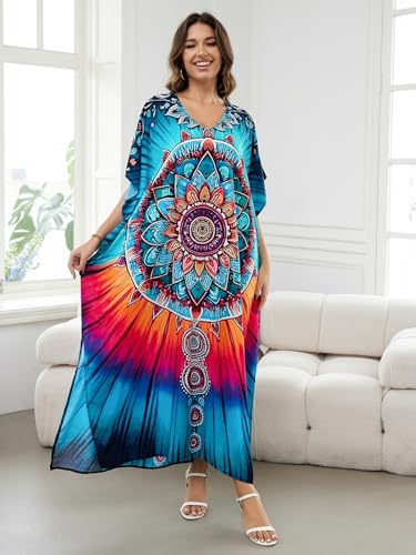 Image of IMAGEKOPE Women's Plus Size Loose Fit Moroccan Print V-Neck Batwing Kaftan Beach Dress Bathing Suit Cover Up