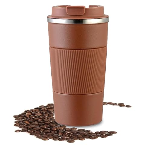 Answaily Travel Mug 17oz, Insulated Vacuum Coffee Cup, Double Wall 304 Stainless Steel Reusable Tumbler Cup with Flip Lid for Hot & Cold Drinks, Matte Texture (Brown)