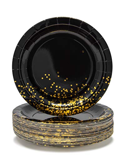 Party Chic Black Plates 9 Inch 50 Count Black Paper Plates Black and Gold Paper Plates for Party 21st Birthday, Graduation, New Years