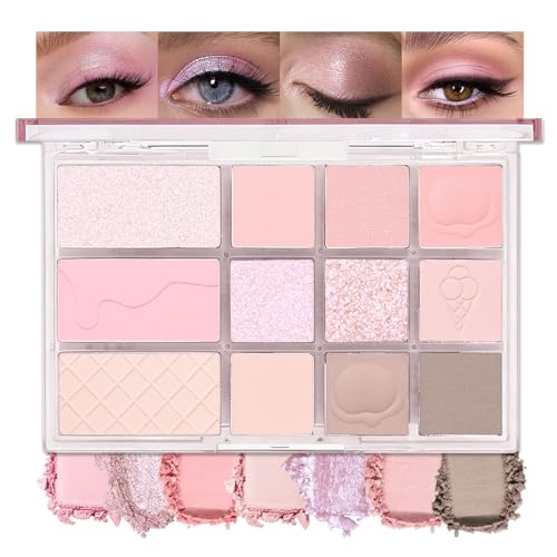 Image of SUAKE Nude Pink Eyeshadow Palette, Matte & Shimmer, High Pigmented 12 Colors Brown Purple Eye Shadow Primers for Eye Makeup, Korean Powder Palet de sombras de ojos (03# Ice Cream)