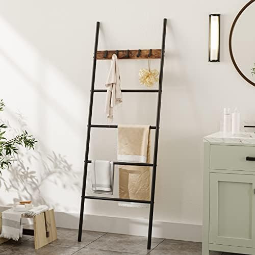HOOBRO Towel Rack, Blanket Ladder, Leaning Ladder Rack, Bathroom Towel Rack, with 5 Crossbars and 5 Hooks, Strong Storage Function, Metal Frame, Stable, Industrial, Rustic Brown and Black EBF60CJ01