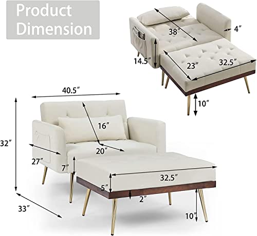 Anwickmak Chaise Lounge Chair With Ottoman,Indoor Modern Velvet Upholstered Arm Accent Chair, Recline Sofa Chair With Adjustable Backrest For Living Room Bedroom Indoor Set(Beige) #TOP1