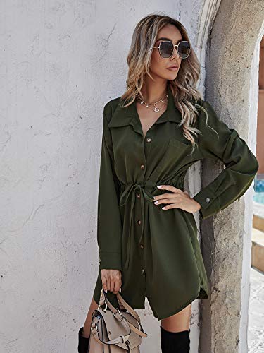 DIDK Dameshemdjurk, elegante blousejurk, V-hals, lange mouwen, herfst, tuniek, jurk met trekkoord, effen vrijetijdsjurk, knopen, hemdenjurk, korte jurk - Image 5