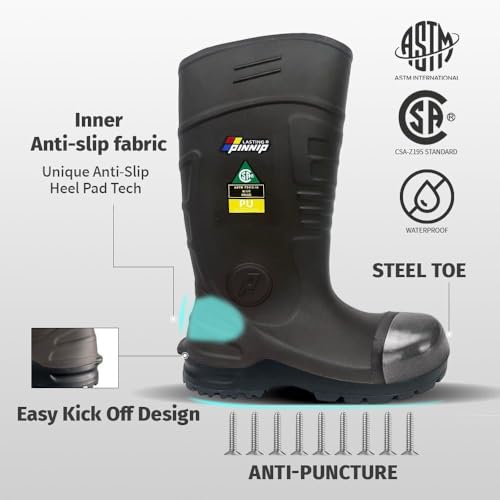 Image of Mens Steel-Toe Durable PU Rubber Work Boots - Waterproof Anti-Slip ASTM F2413-24 | Acid Oil Resistant Shank Mud Rain Hunting Boots