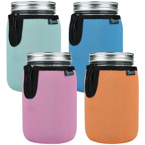 Beautyflier Wide Mouth Mason Jars 32oz Insulators, Regular Mouth 32-Ounces Mason Jar Insulated Cozy Neoprene Canning Cover, Quart Mason Jars Wide Mouth Sleeve Cover (32oz,4Color)