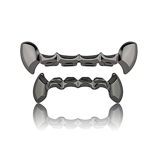 TOPGRILLZ 18K Gold Plated Dracula Vampire Fangs Slug Top and Bottom Grills for Your Teeth Grillz Set for Men and Women Hip Hop (Black)
