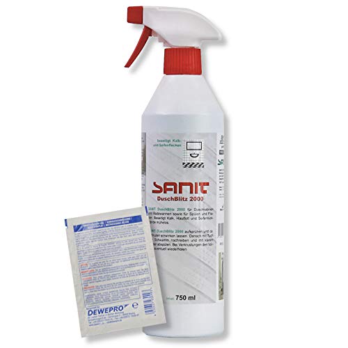 DEWEPRO-Set: SANIT DuschBlitz 2000 (3015) - Flasche à 750ml - beseitigt mühelos Kalk, Hautfett und Seifenrückstände auf Duschkabinen, Fliesen und Wannen, inkl. 1 St. DEWEPRO® Single Scrubs