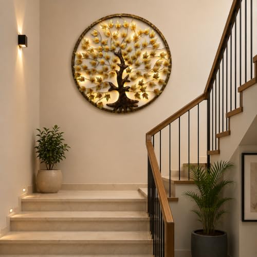 Image of Bharat Art Metal Iron Wall Art Decor for Home Bedroom Living room Cafe Interior Decorative | Elegant Wall Hanging Sculpture with LED Light | Gift Item | Mapple Tree In Ring | 40X2X40 Inch | W281