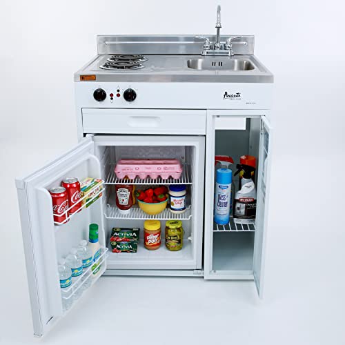 Avanti Ck3016 30” Energy Star Certified Full Compact Kitchen, Built In Kitchenette Stainless Steel Counter, Two Element Cooking Range, Refrigerator & Storage, White #TOP1