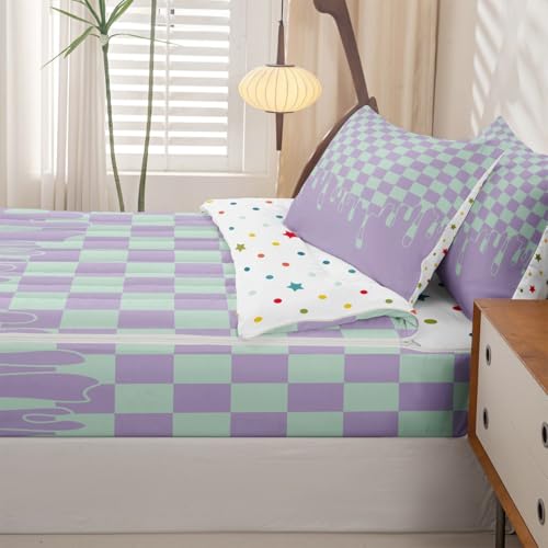 Image of Purple Mint Checkered Full Zipper Comforter Set,Checkerboard Drip 4 Piece Complete Bedding Set Bed in a Bag with Fitted Sheet & Pillowcases,Grunge Aesthetic Modern Geometric for Kids Boys Teen Girls