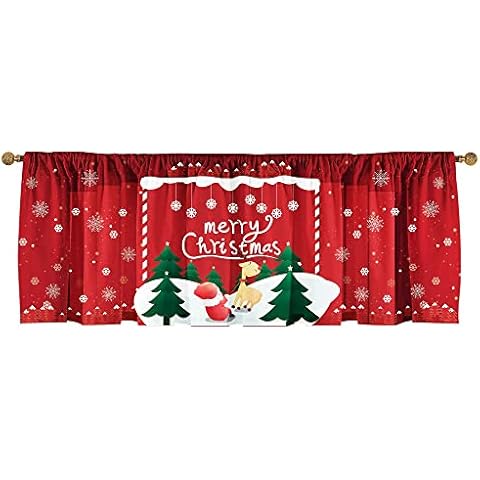 Santa Claus Kitchen Window Valance Curtain Red Christmas 52x18 inch Short Half Bathroom Curtain Drapes Panel Farmhouse Winter Gift Holiday Decor Darkening Curtain Topper with Rod Pocket Cover