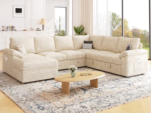 Image of 108 Inch Modular Sectional Sofa with Pull Out Bed,U Shaped 7 Seat Sectional Sleeper Sofa with Storage,Sectional Couches for Living Room,Cloud Modular Couch,Removable Sofa Cover,Beige