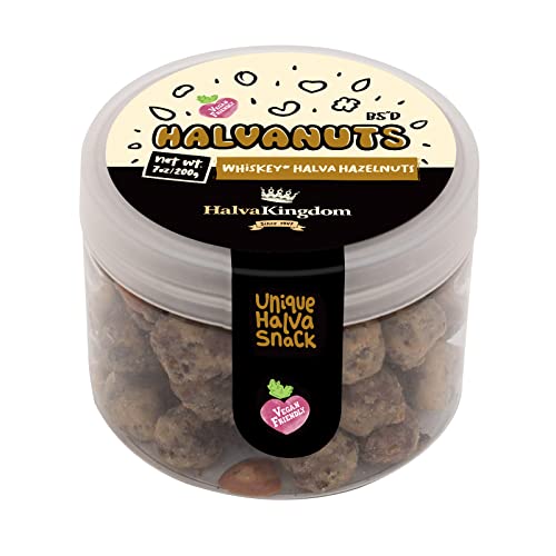 Halva Kingdom, Tahini Halva, Cotaed, Covered Sweet Gourmet Nuts, Vegan Friendly 7 oz. (WHISKEY FLAVORED HALVA HAZELNUTS)