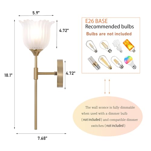 BYOLIIMA Gold Wall Sconce Set of 2 with Frosted Glass Shades Modern Mid Century Bathroom Vanity Wall Light Fixtures Industrial Brushed Brass Wall Lamp for Bedroom Mirror Living Room Restaurant by BYOLIIMA - Used condition - Image 4