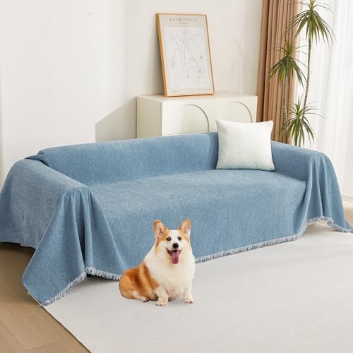 MYSKY HOME Couch Cover Sofa Covers, Sectional Couch Covers for 3 Cushion Couch Sofa, Chenille Sofa Slipcovers, Futon Covers, Machine Washable, Soft Furniture Protector for Kid, 91" x 134", Blue