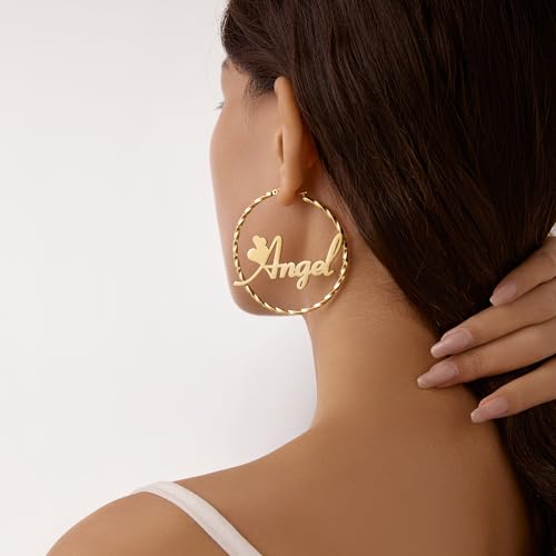 Personalized Bamboo Earrings for Women Custom Name Earrings, Hip Hop Unique Memorial Jewelry Christmas Gifts for Women (Earring C) — view 3