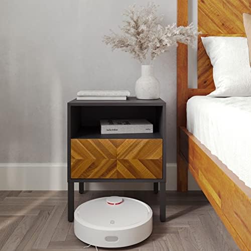 Bme Vivian Solid Wood Nightstand, End Table, Bedside Table with Herringbone Pattern for Rustic Bedroom, Fully Assembled, Rustic Golden Brown and Black