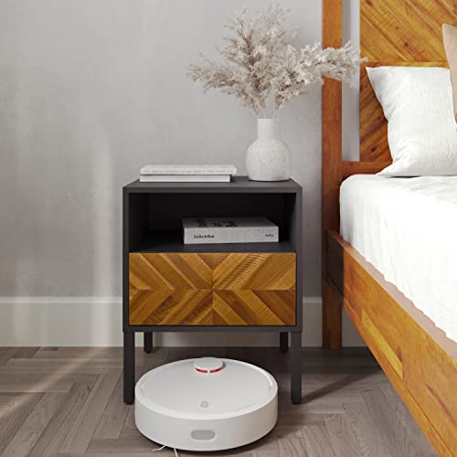 Bme Vivian Solid Wood Nightstand, End Table, Bedside Table With Herringbone Pattern For Rustic Bedroom, Fully Assembled, Rustic Golden Brown And Black #TOP7