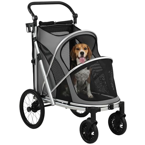 Image of PawHut Dog Stroller, Pet Stroller for Small and Medium Dogs, Foldable Puppy Pram Pet Pushchair with 2 Big Wheels, Shock-Absorbing Frame, Seat Leashes, Brakes, Maximum Load 20 kg, Grey