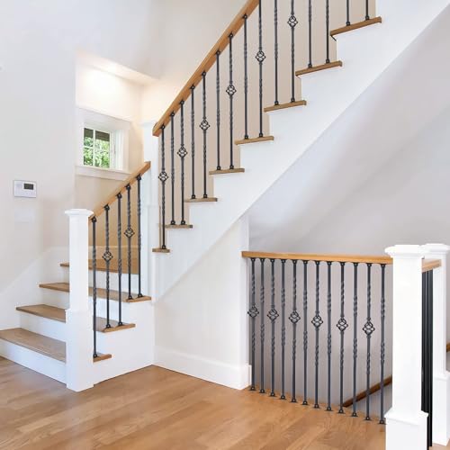 16 Pack Staircase Balusters, 1/2" x 43.8" Hollow Single Basket and Double Twist Iron Balusters for Staircase Indoor,with 32 Swivel Shoes