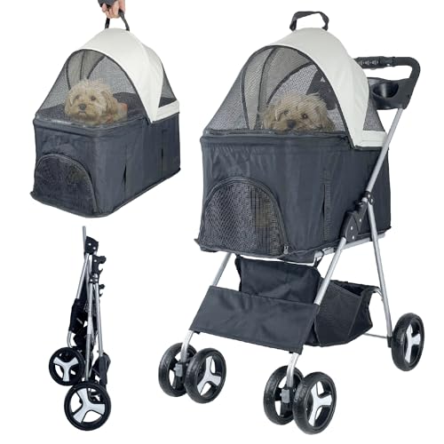 Foldable-3-in-1-Pet-Stroller-for-Medium-Dogs-up-to-33-lbs-Multifunctional-Lightweight-Dog-Stroller-with-Detachable-Carrier-Easy-One-Hand-Fold-Ideal-for-Dogs-CatsBlack