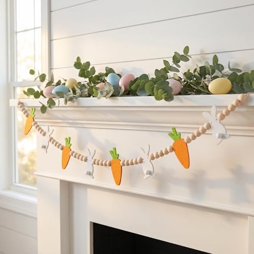 7.5 FT Easter Bunny & Carrot Garland Felt and Wooden Beads Bunny Garland | Rustic Farmhouse Easter Decorations for Home Bar Party Shelf Display Fireplace Wall Decor