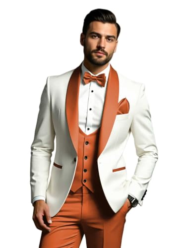 Poliprom Mens Suits 3 Piece Single Breasted Burnt Orange Tuxedo Suits for Men Slim Fit Wedding Formal Business Suit Single Breasted Size M