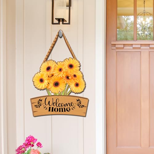 Image of GENXTRA Floral Welcome Home Wall Decor - Wooden Hanging Sign with Sunflower Style Blooms for Home Entrance gifting etc (Warm Bloom)