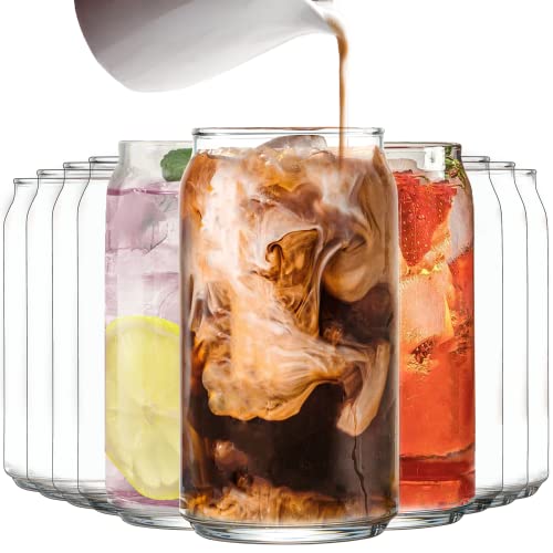 Le’raze Drinking Glasses Set of 10 – Can Shaped Glass Cups, 16oz Iced Tea/Coffee Glasses, Hurricane Tumbler Glass, Cocktail Whiskey Soda Clear Water Beer Glasses
