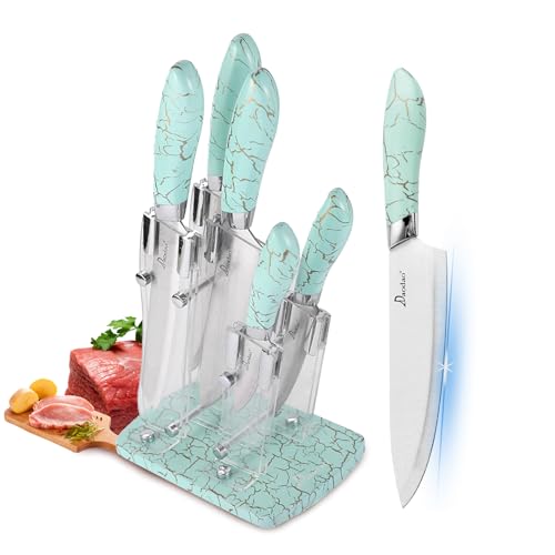 Kitchen Knife Set, AVEKI 6-Pieces Stainless Steel Cooking Knife Set with Acrylic Stand, Ultra Sharp Marble Cracks Chef Knives Set with Ergonomic Handle, Cooking Knives Suitable for Home (Green)