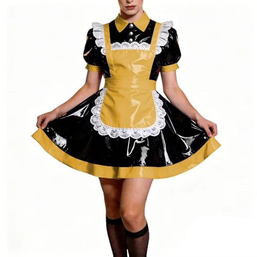 Robe cosplay Lolita en PVC jaune à manches bouffantes pour fête