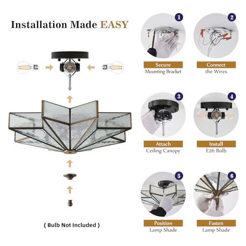 Image of Star Brass Ceiling Light - 19.7 In Large Black Hammered Glass Flush Mount