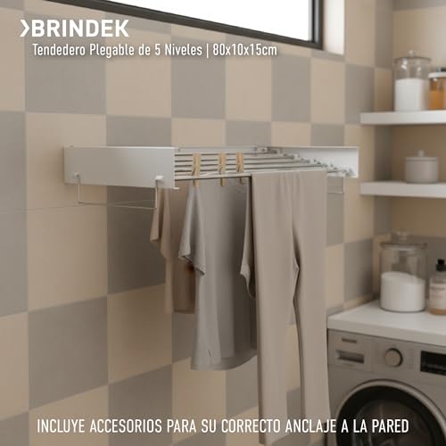 Miniatura 8 de Brindek Tendedero Plegable De Pared 5 Niveles Para Colgar Ropa Extensible Y Abatible Incluye Asa Colgante Soporta Hasta 30 Kg Profundidad Plegado 3 Cm 80 O 100 Cm 80cm