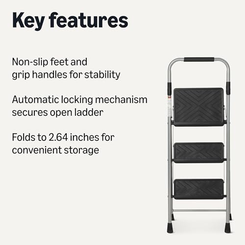 Amazon Basics Folding 3 Step Portable Ladder, with Wide Anti-Slip Pedal, Black by Amazon Basics - Image 2