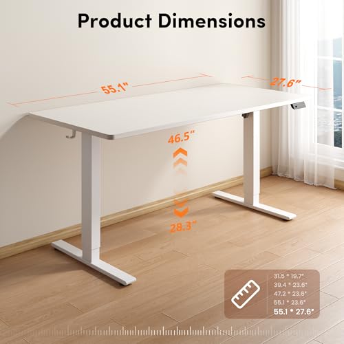Image of FEZIBO One-Piece Standing Desk, 55 inchx28 inch Seamless Tabletop Electric Height Adjustable for Home Office, Study Rooms & Multi-Device Workstations, White