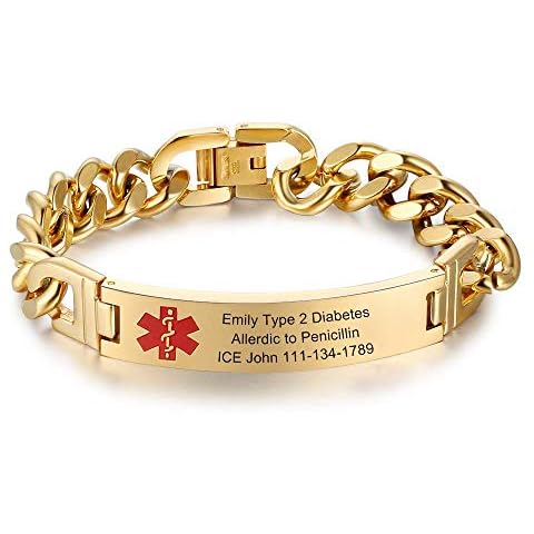 Luolajewelry Personalized Engrave Alert ID Bracelets Custom Emergency Medical Stainless Steel Bangle Bracelets for Men (Gold-9.5 inches) Cover