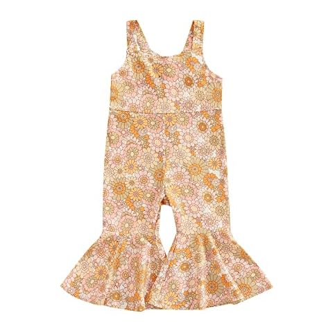 Emmababy Baby Girl Bell Bottoms Romper Toddler Floral Overalls Suspender Flare Pants Sleeveless Strap Jumpsuit Fall Clothes(Beige,18-24 Months) Cover