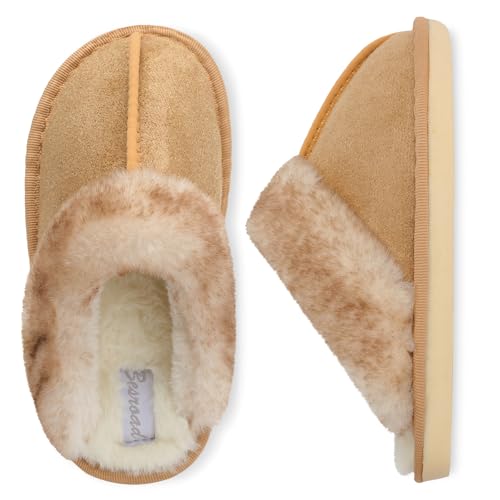 Besroad Kids Girls Boys Faux Fur House Slippers Warm Fuzzy Slides Fluffy Sandals Non-Slip Indoor Outdoor Home Shoes for Kids Girls Boys Gold Little Kid 12.5-13