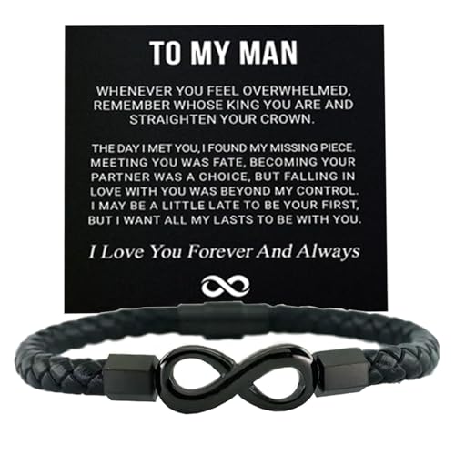To My Man Infinity Leather Bracelet, Love You Forever and Always Stainless Steel Bracelets Husband Gifts from Wife Valentine Birthday Christmas Fathers Gifts for Him