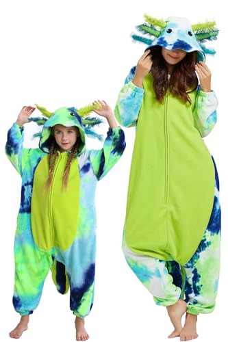 DarkCom Tier Cosplay Pyjama,Gefärbter Axolotl-Grün Eltern & Kinder Onesie, Weich und Bequem Schlafanzug,Perfekt Familienfest Halloeen & Weihnachten 12-13 Jahre
