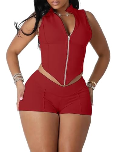 Women’s Sexy Shorts Set with Crop Tank, Red, XL