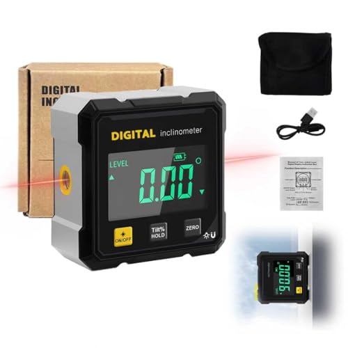 Magnetic Digital Angle Finder Laser, Digital Inclinometer with Laser 4-Side Strong Magnetic Angle Gauge IP54 Waterproof Level, Woodworking Measuring Tool Level Box for Hanging (Black)