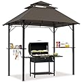 Yaheetech 8×5' Grill Gazebo, 3-Tier Outdoor BBQ Gazebo with Height-Adjustable Shelves & 10 S-Shaped Hooks & Built-in Bottle Opener, Brown