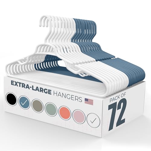 Neaties Large & Wide Heavy Duty Clothes Hangers 50+ Pack (72 Count) – Made in USA – Ideal for Plus Size Clothing – 10lb Plastic Hangers with Notches for Oversized Adult Coats & Pants – White & Blue