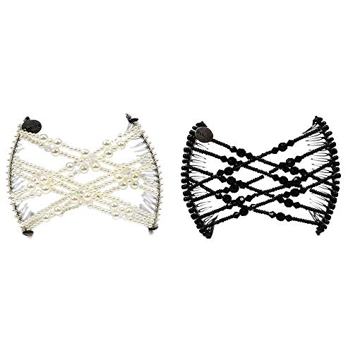 Stretchy Hair Clips For Fine Thin Hairstyles - Decorative Pearl & Black Bead, All-Day Hold, Add Volume, Gentle & Snug, Adjustable, No Pressure Pulling Or Pain (Handmade Limited 2 Pack Try-Me Set) #TOP4