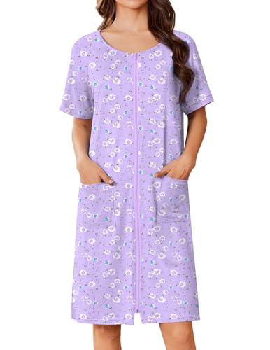 Ekouaer Women Zip Up Robe Short Bathrobe Lightweight House Coats Floral Print House Dress with Pockets Nightgown S-3XL